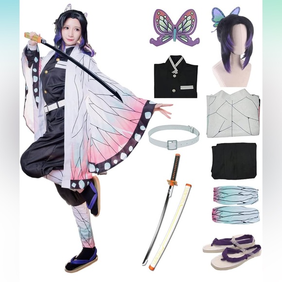 Kochou Shinobu Party Role Cosplay Costume Kimono Outfit W/Shoes Wig Sword - Picture 1 of 8